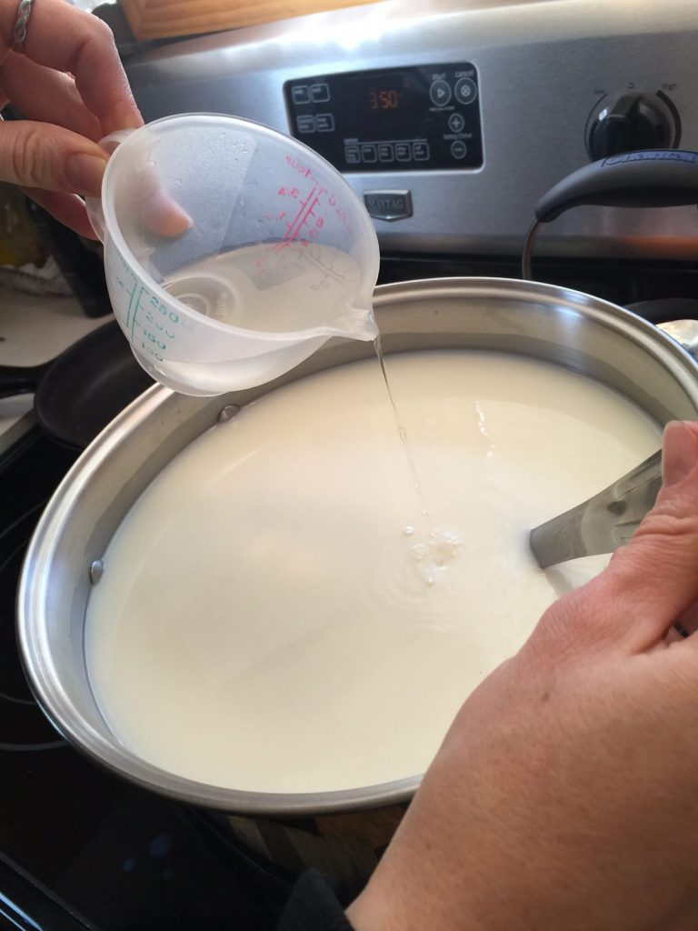 pouring in the rennet to make Colby cheese