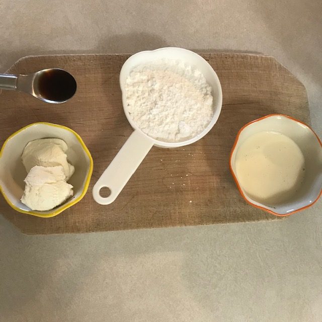 powdered sugar, cream, vanilla, and cream cheese