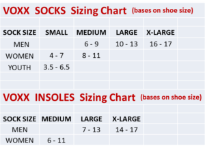 size chart for voxx insoles and socks